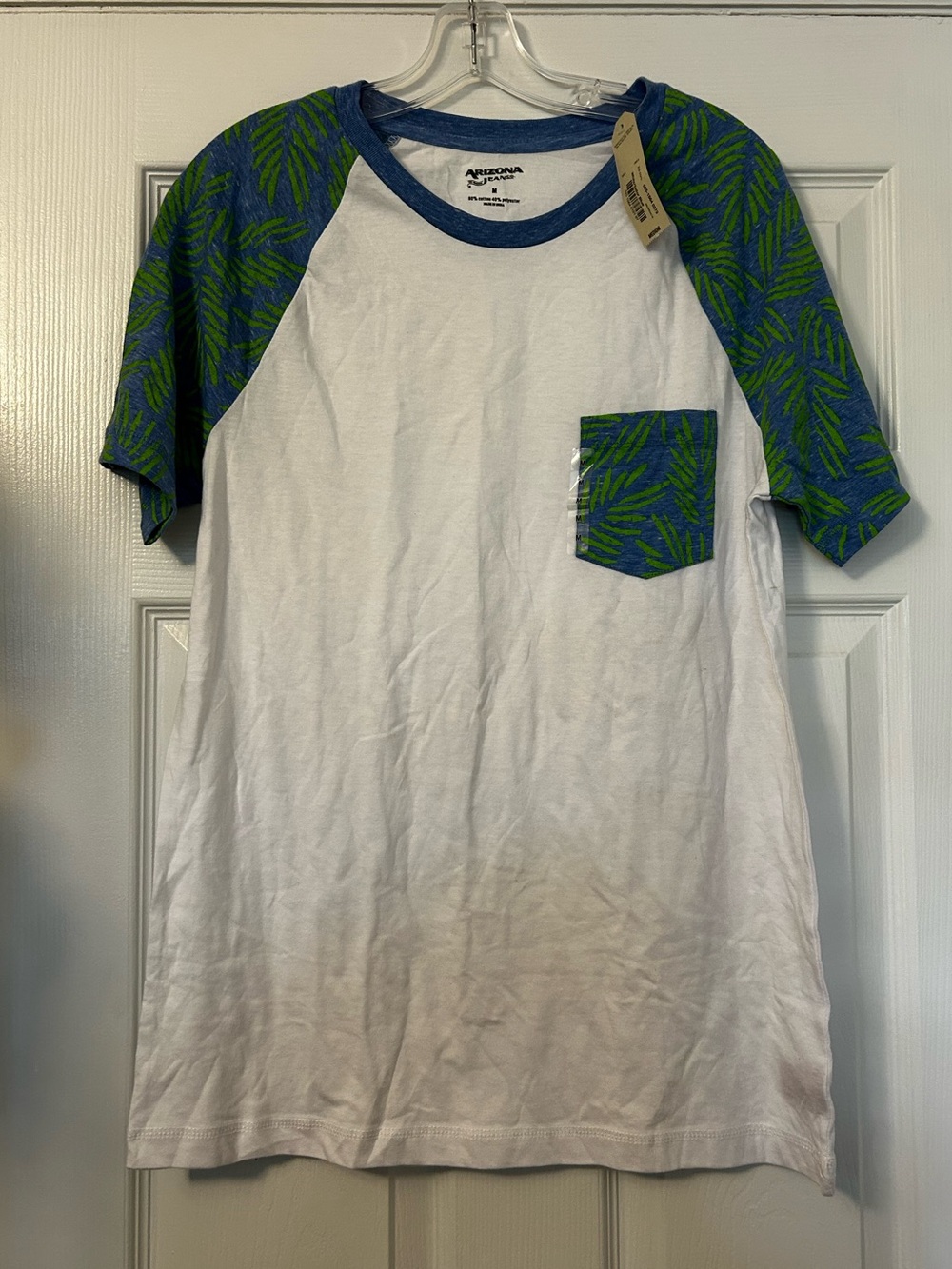 Arizona Jean Co White Tee with Green-Blue Printed Raglan Sleeves